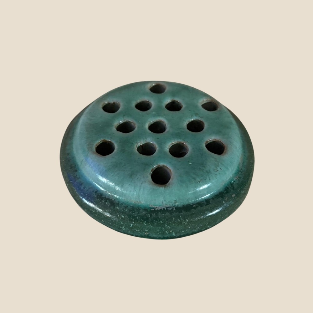 Vintage Haegar Pottery Green Drip Glaze Flower Frog Footed 4 Inch 13 hole MCM